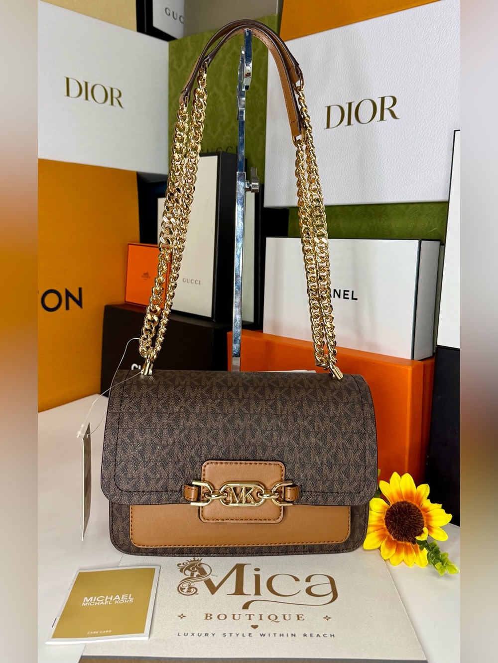 🆕MICHAEL KORS Ladies Heather Extra-Small Logo Leather Crossbody Bag Brown/Acorn